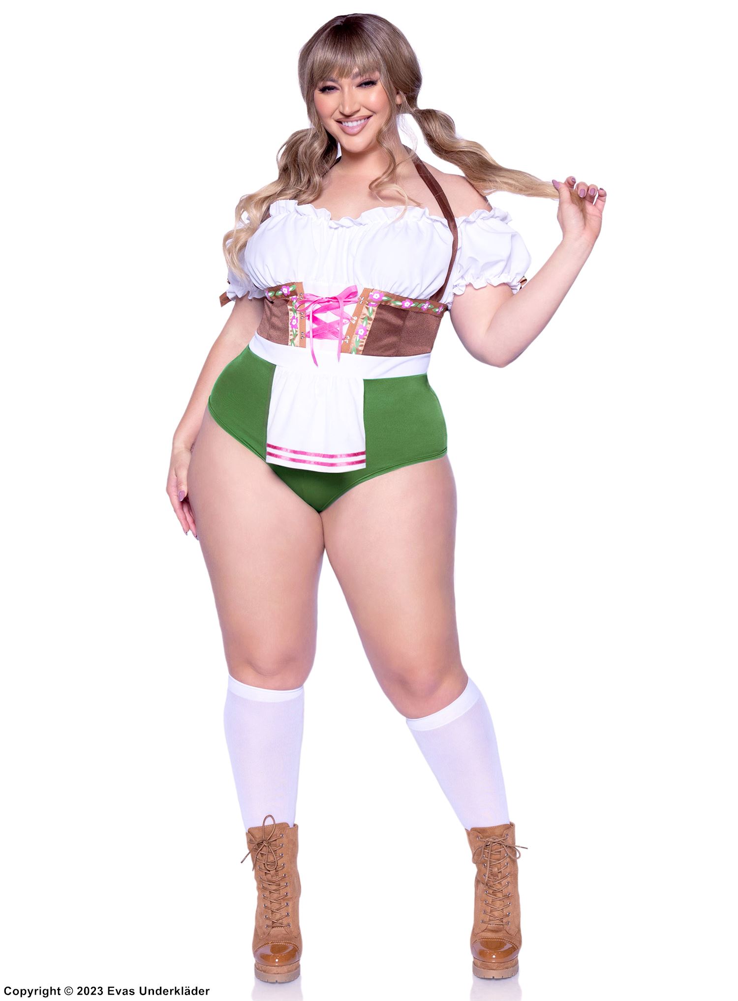 Oktoberfest-Bedienung, Kostüm-Dessous-Body, Schnürung, Rüschenbesatz, Cold Shoulder, Plus Size